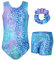 JiAmy Turnanzug Mädchen, Gymnastikanzug Kinder mit Hose Haarband Set, Glänzendes Gymnastik Turnanzug Leotard für 8-9 Jahre Blau Leopard