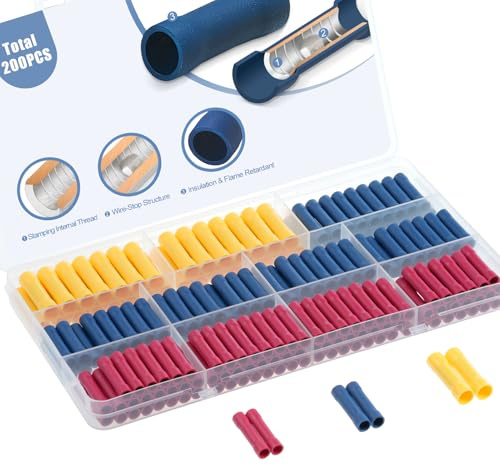 AIRIC UL Listed 200 Pcs Wire Butt Splice Connectors Kit, 22-10 AWG Electrical Crimp Terminal Connector Kits, Fully Insulated Wiring Straight Crimps Terminals for 22,20,18,16,14,12,10 Gauge Wires