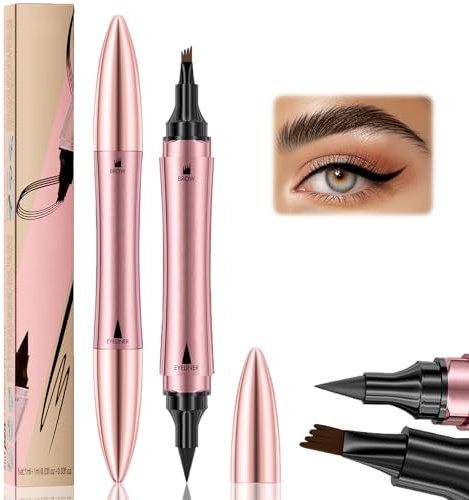 Augenbrauenstift mit 4 Gabel Applikator & Schwarzer Eyeliner, 3D Magischer Augenbrauenstift Härchenzeichnung Wasserfest Wischfest, Microblading Augenbrauenstift, Eyebrow Pencil Eyeliner 2in1-Hellbraun