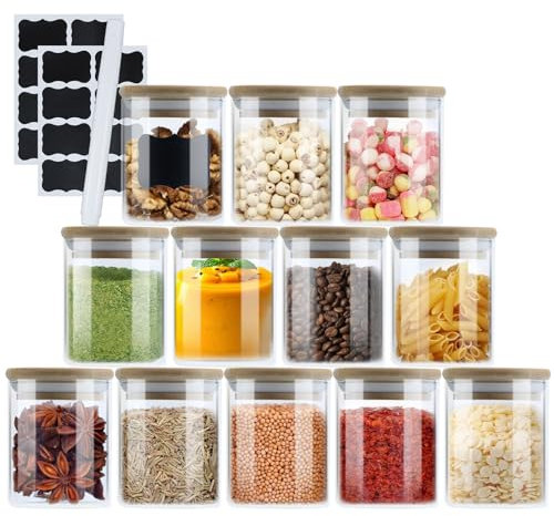 Melopr Glass Jars for Kitchen, 12-Pack 200ml Spices Organizers and Storage Jars Airtight Round Spice Containers Tea Coffee Sugar Canisters Glass Jars Empty Seasoning Jars with Lids and Labels