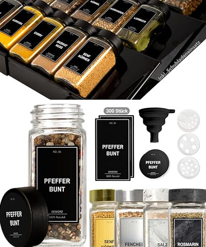 Greeano Gewürzgläser mit Regal [24 x 120ml] inkl. 300 Gewürzetiketten [DE] - Gewürzregal mit Gläsern - Gewürz Organizer Schublade - Gewürzregal Schublade mit Gläsern Gewurzregalsystem Schwarz