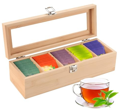 Bamboo Tea Box,Wooden Tea Storage Box,Tea Box Tea Bag Organizer with 5 compartments,Tea Bag Holder Tea Chest Container with Transparent Lid for Individual Tea Bag Storage (30x10x9CM)