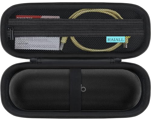 RAIALL Custodia per il trasporto compatibile con altoparlante Bluetooth wireless Beats Pill, supporto per altoparlante portatile Beats Pill con tasca in rete extra per cavi di ricarica, nero