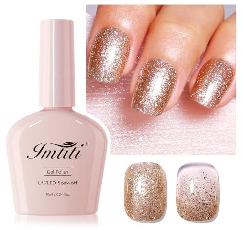 Imtiti Glitter Gold Gel Nail Polish, 1Pcs Champagne Gold Sparkle Soak Off UV LED Gel Polish, Nail Art Starter Manicure Salon DIY at Home for Women (0.34 Fl Oz)
