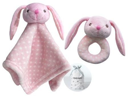 CREVENT Cozy Plüsch Baby Sicherheitsdecke Loveys für Baby Mädchen Jungen, gefüllte Tier Ring Rassel Shaker Spielzeug für Neugeborene (Bunny für Handbell)
