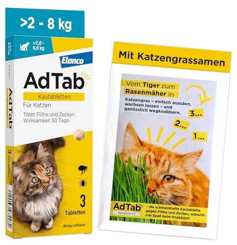 AdTab Katze 2-8 kg - Kautablette gegen Flöhe & Zecken mit Katzengrassamen | Promo-Set mit 3 Tabletten u. Katzengrassamen, schmackhaft mit Vanille-Hefe-Aroma, 3 Monate Zeckenschutz und Flohschutz