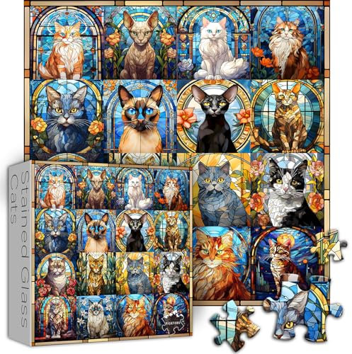 PICKFORU Stained Glass Puzzles Cat Puzzles for Adults 1000 Pieces, Kitten Kitty Puzzles Collage Puzzles 1000 Pieces Hard, Impossible Challenging Jigsaw Puzzles,Colorful Mosaic Cats Puzzle
