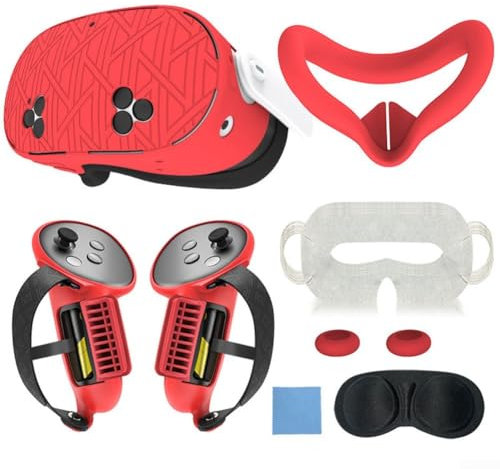 Solution de protection complète pour Meta For Quest 3s Ensemble de housses en silicone avec accessoires essentiels (rouge)