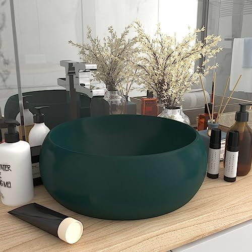 Fontanería, accesorios de fontanería, fregaderos, lavabos de baño, lavabo redondo mate verde oscuro, 40 x 15 cm, cerámica