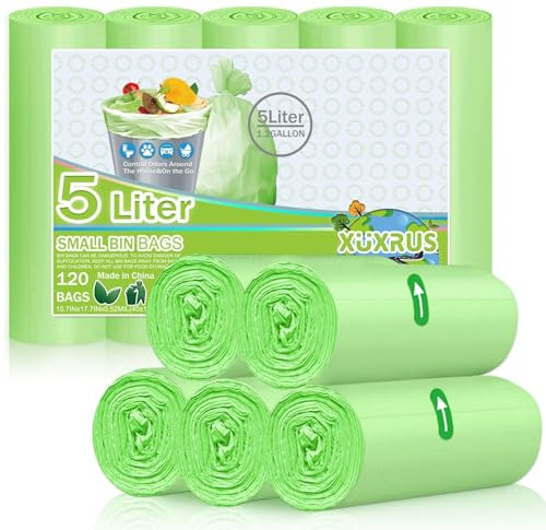 XUXRUS Rubbish Bags 5 L Green Waste Bags Small Bin Bag Bathroom Bin Bags Pack of 120 Organic Waste Bags
