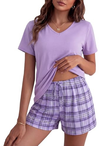 Bresdk Pigiama Donna Estivo Cotone Corto Eleganti Due Pezzi Estivi | Pantaloncini a Quadri Manica Corta Scollo a V