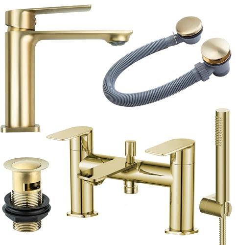Bathroom Basin Mono Mixer Tap & Bath Shower Mixer Set Including Wastes - Brushed Brass