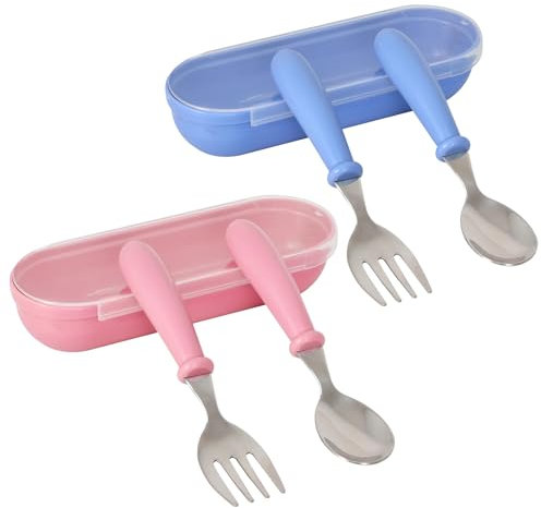 4 Set di Posate per Bambini in Acciaio Inox, Cucchiaio E Forchetta A Prova Di Neonati, Posate per l'apprendimento del Bambino Senza BPA, Posate per Bimbi con Manico Rotondo, Blu + Rosa