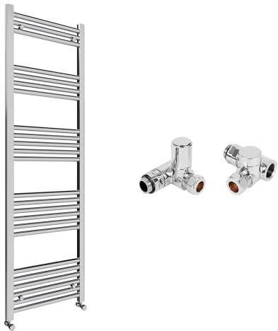 Chrome Bathroom Straight Heated Towel Rail Radiator 400 x 1600 & Dual Fuel Manual Corner Valves