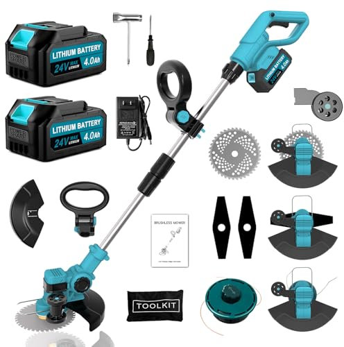 Rasentrimmer Mit Akku Für Makita Rasentrimmer, 3 in 1 Akku Rasentrimmer Mit 2 Akku Und 3 Arten Klingen, 21V Freischneider Akku Mit Seitlichen RäDern FüR Einfaches Trimmen Der Kanten. (Hellblau)