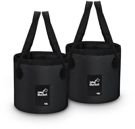 iGreely 2 Pack Folding Bucket, 12L Black Collapsible Bucket for Camping, Plumbing, Cleaning, Traveling, Hiking, Fishing (Black 2 Pack, 12L)