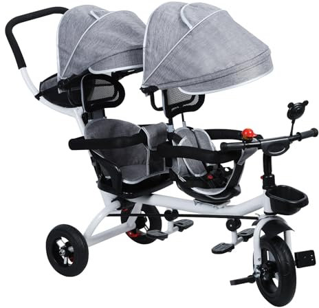 Ehozirta Kinder-Doppelsitz-Kinderwagen mit Anti-Rollover-Design, stoßfesten Gummirädern und robustem Eisenrahmen, geeignet für Kinder im Alter von 2-8 Jahren, Grau