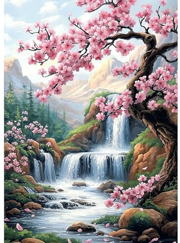 AIRDEA Kirschblüten Diamond Painting Erwachsene, Wasserfälle Diamant Painting Bilder, DIY 5D Bastelset Erwachsene Frauen als Haus Wanddeko 30x40 cm
