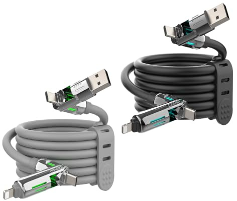 MFish Paquete de 2 cables de carga múltiple 4 en 1 de 240 W con funda de transporte, carga rápida USB-A y USB-C a USB-C/Lightning, para iPhone 17/16/15/14, MacBook, iPad, Samsung S25/S24 (negro y gris