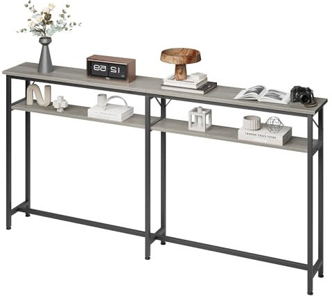 Table basse étroite et longue - 2 niveaux - Gris - Avec espace de rangement - 180 cm - Derrière la table basse pour le salon - Console extra longue pour entrée, couloir et foyer (gris)
