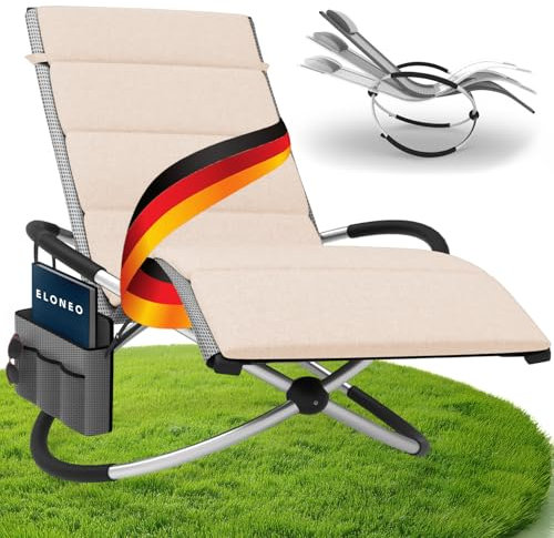 ELONEO Schaukelliege Outdoor mit Tasche und Auflage, Relaxliege bis 180 kg Belastbarkeit, Schaukelsessel Outdoor, Liegestuhl wetterfest, Sonnenliege für Garten und Balkon, graukariert/Creme