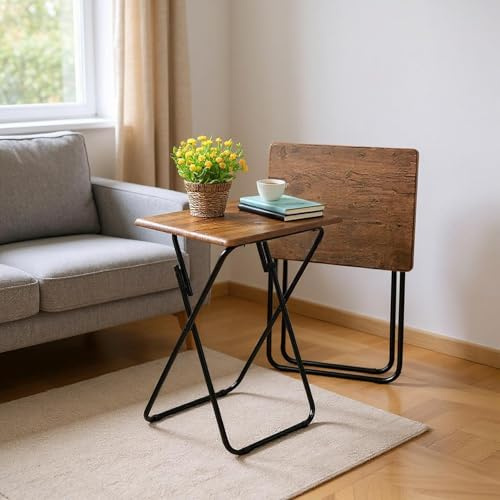 FurnitureR 2PCS TV Tray Table, Snack Coffee Table, for Small Space, Living Room, Brown Wooden Frame,Black Leg x Shape
