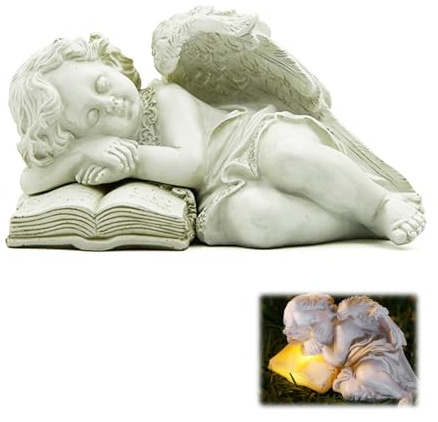 Ysislybin Engel Figuren Deko, Solar Engel Gartenstatuen aus Harz Schlafende Schutzengel Grabschmuck mit LED Solarleuchten Wetterfeste Grabengel Statue für Rasen Hof Garten Terrasse Balkone Blumenbeet