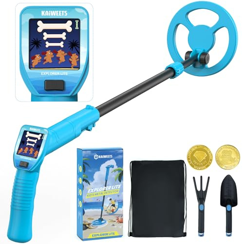 KAIWEETS Détecteur de Métaux 2025 Bleu, Écran LCD Couleur Animé, Tige Légère et Réglable, Kit de Chasse au Trésor Complet avec Sac à Dos, Pelle, Râteau & Pièces Bonus – Cadeau Parfait pour Noël, Anniv