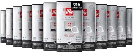 illy, Café en Dosettes E.S.E Monodose FORTE, 216 Dosettes | 100% Arabica avec Note Intense de Pain Grillé, Arôme Fort et Arrière-goût de Chocolat Noir, 12 Paquets de 18
