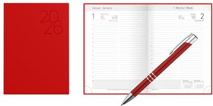 Livepac-Office Hochwertiger Buchkalender 2026 / Chefkalender/Farbe: rot +Metallkugelschreiber