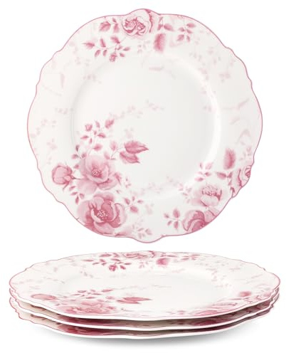 fanquare 4 Stück Rosa Blumen Große Runde Speiseteller Porzellan 26,7cm | Geschirr Tellerset Vintage Keramik Teller für Tägliche Mahlzeiten Party Bankett Mikrowellen- und Spülmaschinenfest