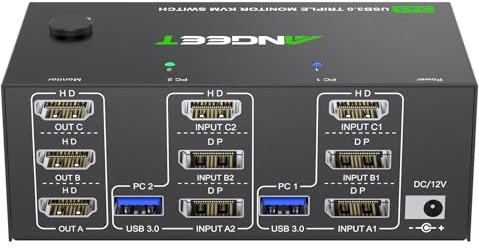 KVM Switch 3 Monitors 2 Computers 8K@60Hz 4K@144Hz, USB 3.0 Triple Monitor KVM Switch with 4 USB 3.0 Ports, 2*Displayport+1*HDMI in,3*HDMI Out,Wired Remote,Power Adapter and USB3.0 Cables Included