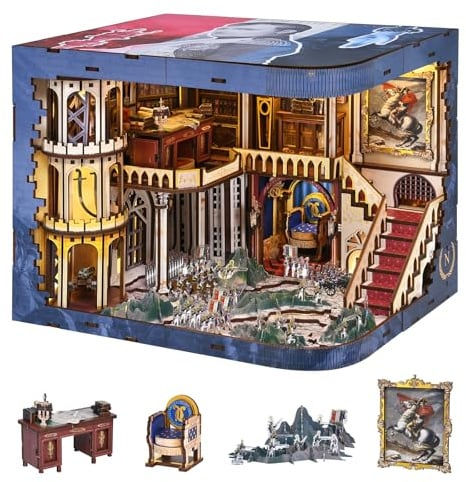 MiniCity Napoléon Book Nook Bausatz, 3D-Holzpuzzle fürs Bücherregal | Napoléon zum Selberbauen: 570 Teile, LED-Licht, Staubschutz, Kleber und Montagewerkzeug; DIY-Projekt 8–10 Std., ab 14 Jahren.