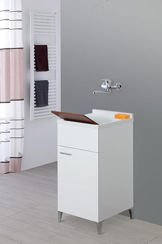 Generico Mobile Lavatoio Stella 45x50 cm in Nobilitato Melaminico Bianco Lucido con Vasca in Resina, Sifone e Tavoletta Multiuso in Legno – Lavanderia Salvaspazio, Predisposizione Foro Rubinetto