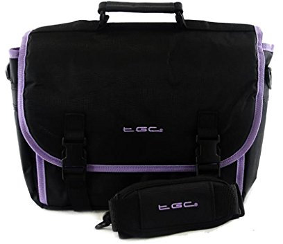 New TGC ® Messenger Style TGC Padded Carry Case Bag for The ieGeek 11 Portable DVD Player (Jet Black with Purple Trims)
