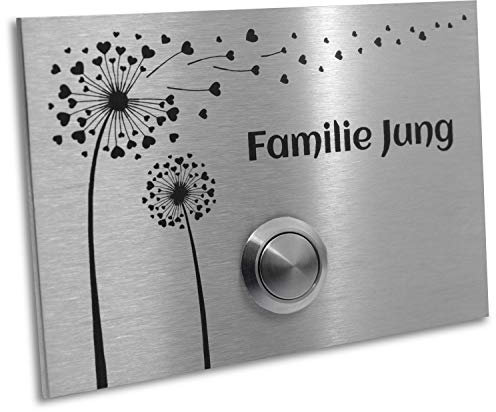 Jung-Edelstahl-Design Türklingel | Klingelschild Motiv Pusteblume. Klingelplatte 12x8 cm.| Haustürklingel V2A Edelstahl LED Taster (ohne LED)