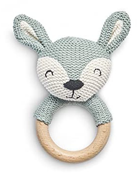 Jollein Holz Beißring Deer Ash Green - Hirsch Holzspielzeug - Baby Rassel Greifling - Gestrickte Baumwolle - Zahnungshilfe Spielzeug - Grün