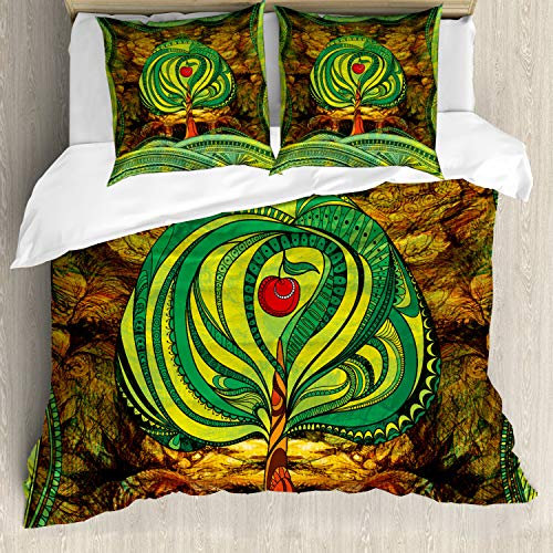 ABAKUHAUS Natur Bettbezug Set, Vivid Apfelbaum-Linien, Milbensicher Allergiker geeignet mit Kissenbezügen, 200 cm x 200 cm - 80 x 80 cm, Grün Braun