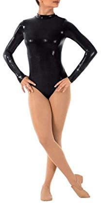 IWEMEK Damen Ballettanzug Glänzende Langarm Body Wetlook Danz Ballett Trikot Gymnastikanzug Turnanzug Metallic Einteiler Lack Leder Bodysuit Overall Leotard Top Kostüme Schwarz L