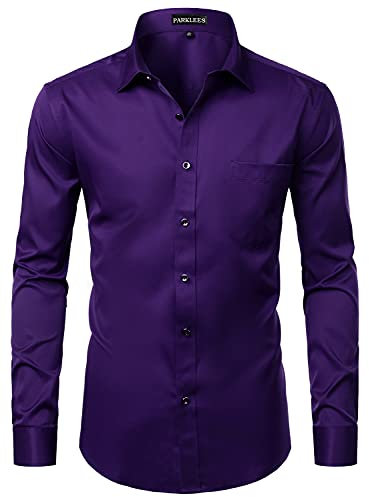 PARKLEES Men's Slim Fit Formal Long Sleeve Casual Business Party Dress Shirts with Chest Pocket Purple S