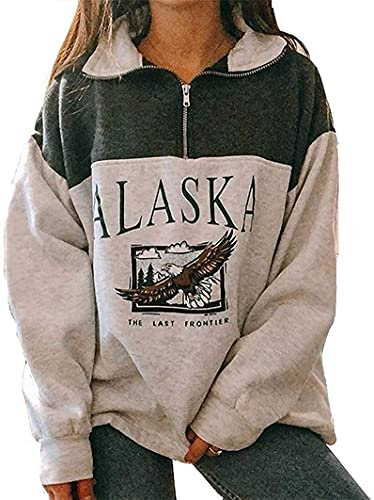 Yesgirl Kapuzenpullover Für Damen Alaska Letter Print Sweatshirt Lose Casual Langarm Hip Hop Hoher Rundhals Reißverschluss Adler Grafik Top Farbanpassung Hoodie (S, 01 A Grün)
