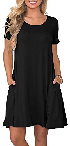 AUSELILY Women's Summer Dresses Casual T-Shirt Short Sleeve Dress Loose Swing Short Dress with Pockets Black