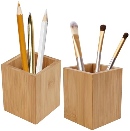 Tosnail Lot de 2 porte-stylos en bambou pour bureau, pinceaux de maquillage, marqueurs, pot de rangement pour bureau, école et maison