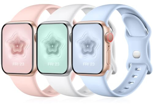 Maledan 3 Pack Bracelet Compatible avec Apple Watch Bracelet 38mm 40mm 41mm 42mm 44mm 45mm, Bracelet en Silicone Compatible avec iWatch SE/Series 7 6 5 4 3 2 1, 42mm/44mm/45mm-S/M, Lilas/Blanc/Rose