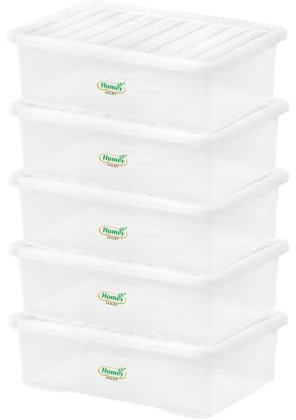 Plastic Storage Boxes Crystal Clear 32L Box & Lid Home Office Stackable Nestable - Pack of 5