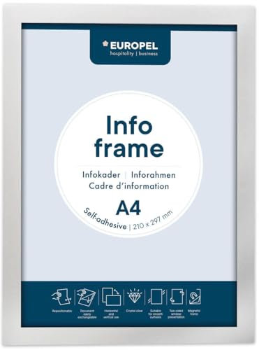 EUROPEL Selbstklebender magnetischer Info-Rahmen aus PVC, A4 Silber, 2er Set, einfach ablösbar durch Magnet, doppelseitig, Hoch- oder Querformat, 32,5 x 23,8 cm