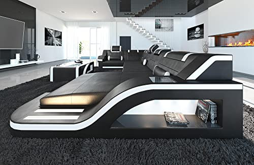 Wohnlandschaft Palermo Sofa U Form Ledersofa - mit LED Beleuchtung, verstellbare Kopfstützen, Recamiere/Lederfarben wählbar/Ausrichtung wählbar (Ottomane rechts, Schwarz-Weiß)