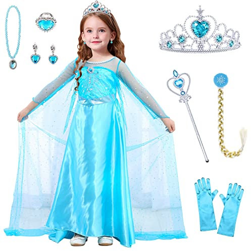 YADODO Elsa Kostüm Kinder Mädchen 116 122 Prinzessin Kleid Eiskönigin Mit Krone Diadem Handschuhe Zauberstab für Weihnachten Karneval Geburtstag Party 130cm