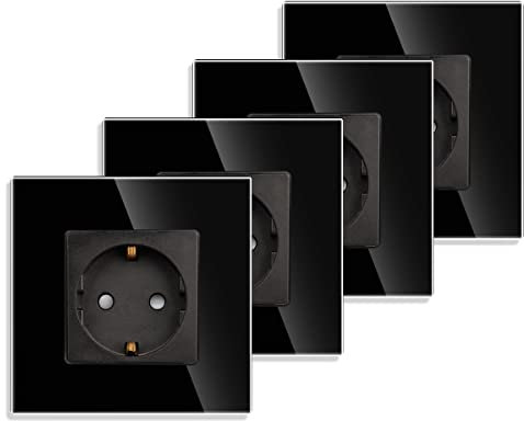 4er-Pack JIMEIDA Einzelsteckdose in Schwarz, 16Amp Glas Schuko Steckdosen Unterputz Schutzkontakt Wandsteckdose-86mm, 250V, 1 Fach