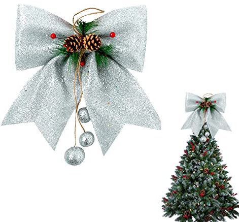1P Silver Topper Bows for Christmas Tree,9.8x11.8in Glitter Wreaths Bows Large Sequin Ties Xmas Bows for Tree Topper,Xmas Tree Bows,Foam Bows Ornaments for Christmas Tree,Wreaths,Garland Decor